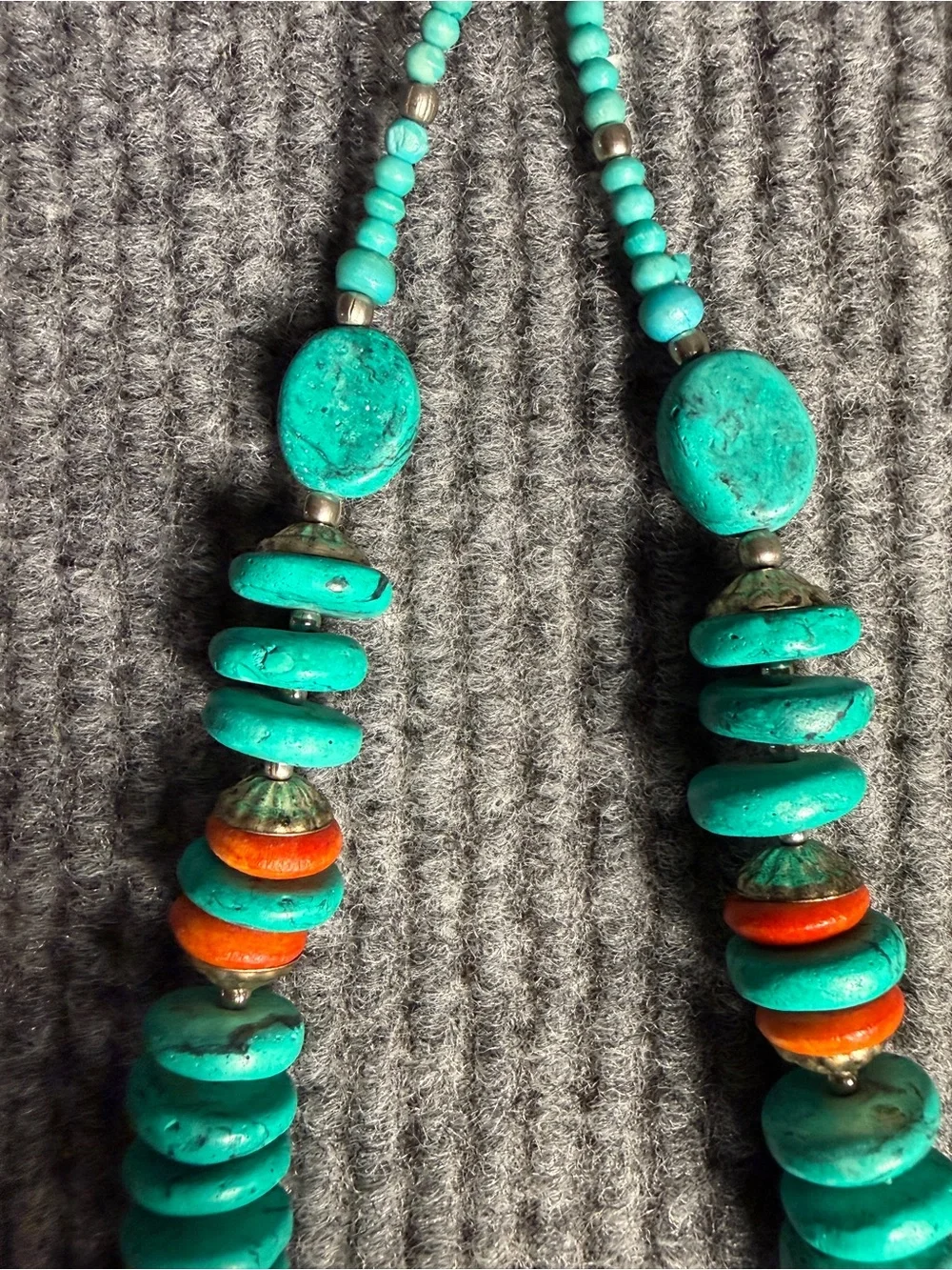 Southwestern Chunky Turquoise And Spiny Oyster Silver Bead Necklace Vintage